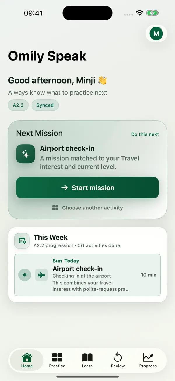 Omily Speak Home screen with a next practice mission