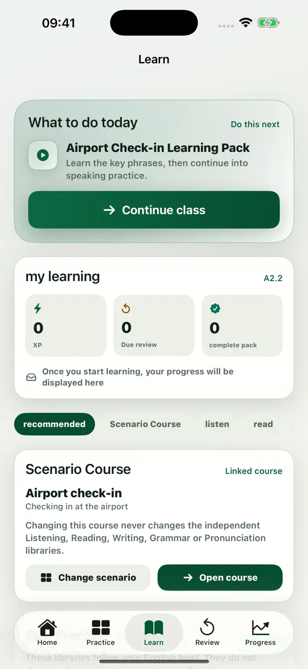 Omily Speak Learn screen with a learning pack